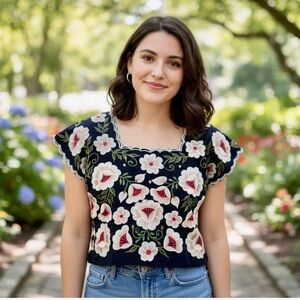 Floral Embroidered Navy Top